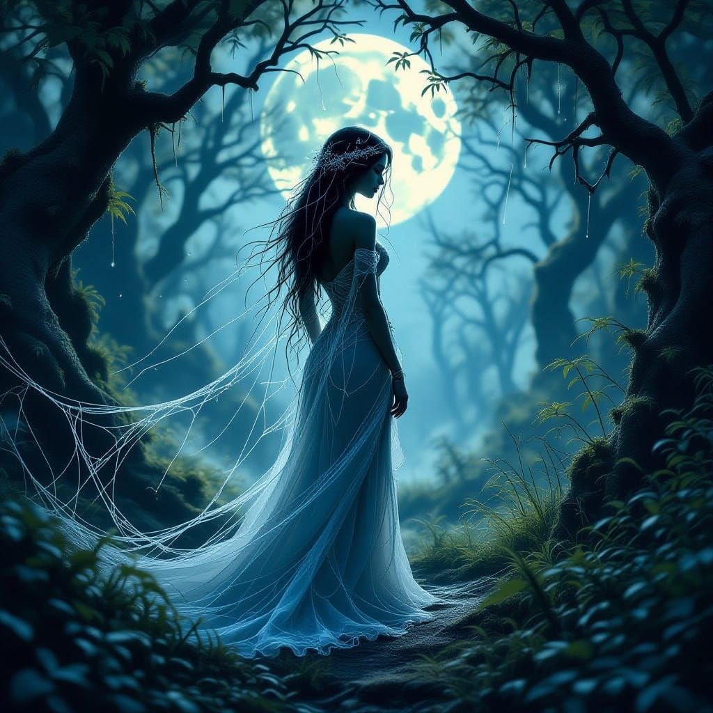 Ethereal Water Nymph Crafted From Spiderwebs in Moonlight