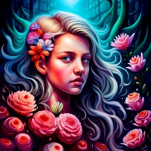 Glass Girl with Flowers in Graffiti Art Style