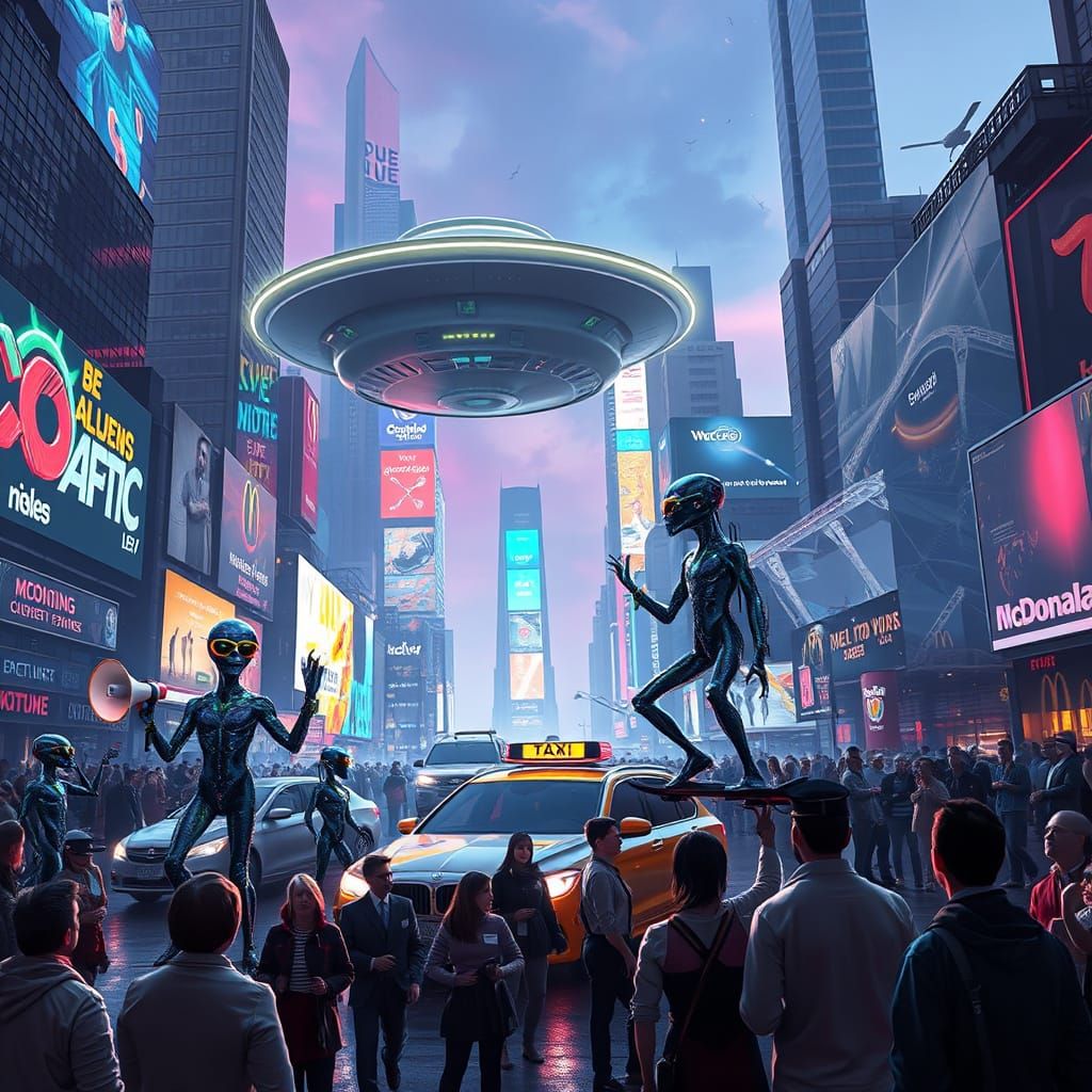 Futuristic Metropolis in 2150 with Hovering Cars and Alien I...