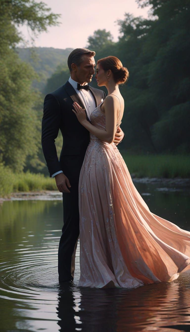James Bond and Dancers in Enchanting Twilight Pond