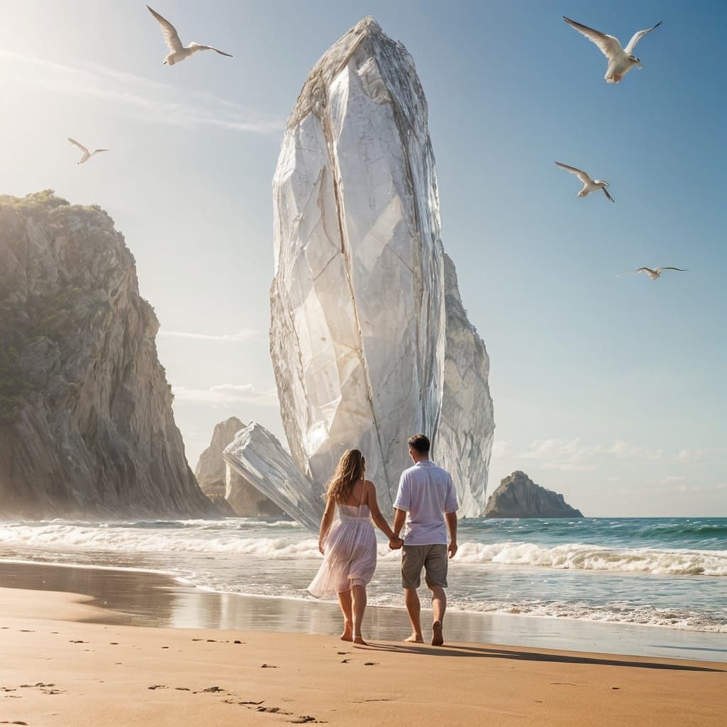 Gigantic Quartz Crystal Towers Over Deserted Beach