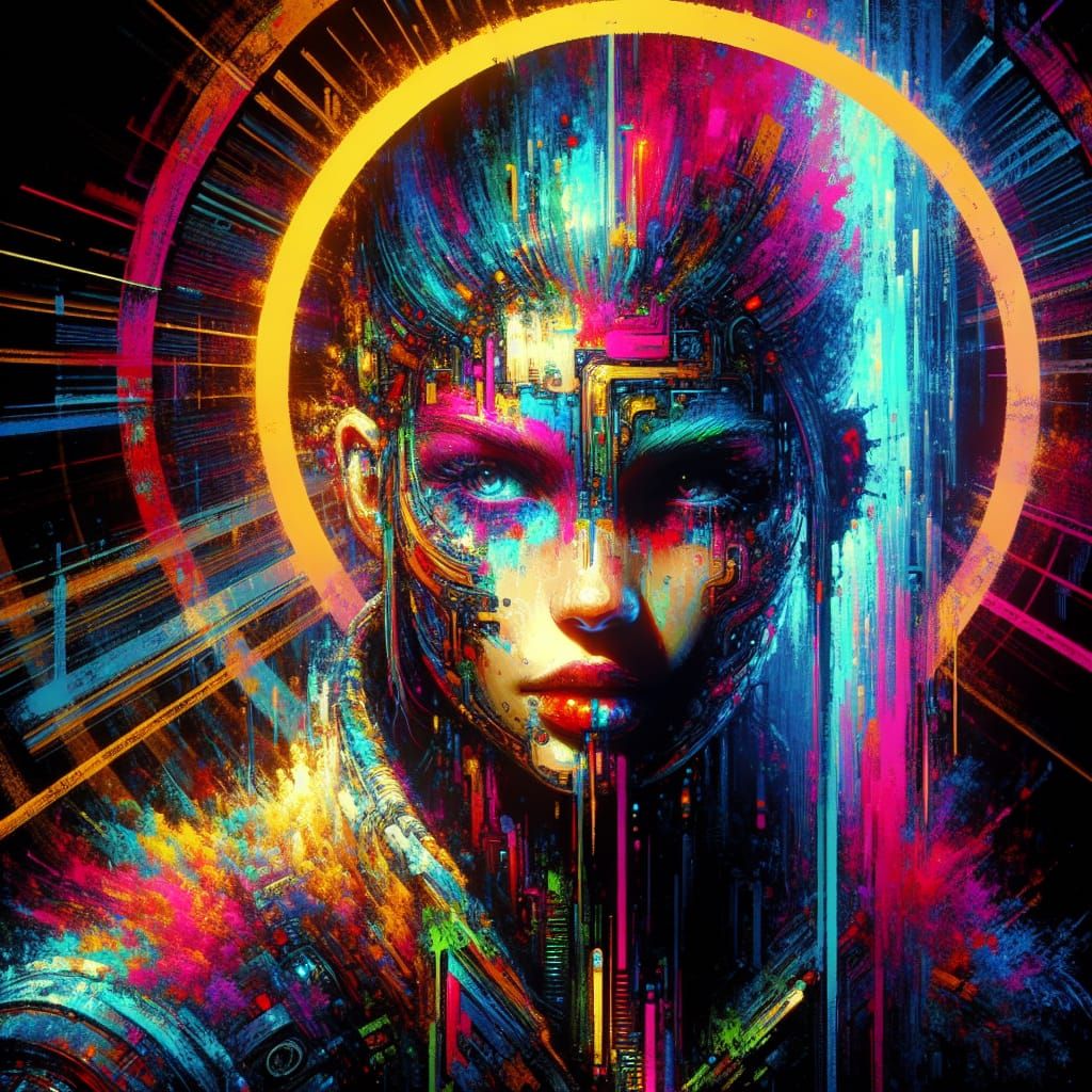 Cyberpunk Portrait with Neon Colors and Halo Elements