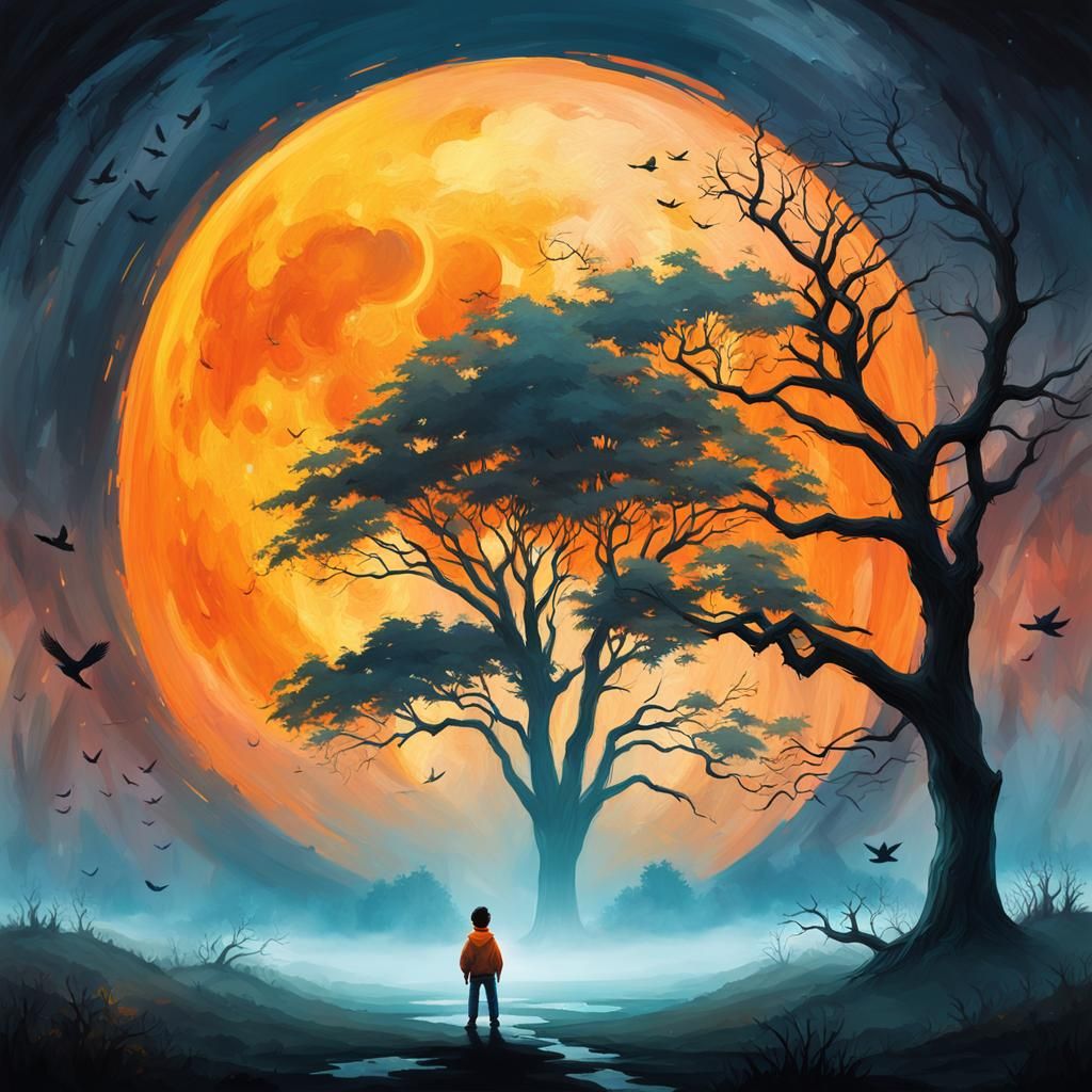 Boy in Misty Landscape with Orange Moon