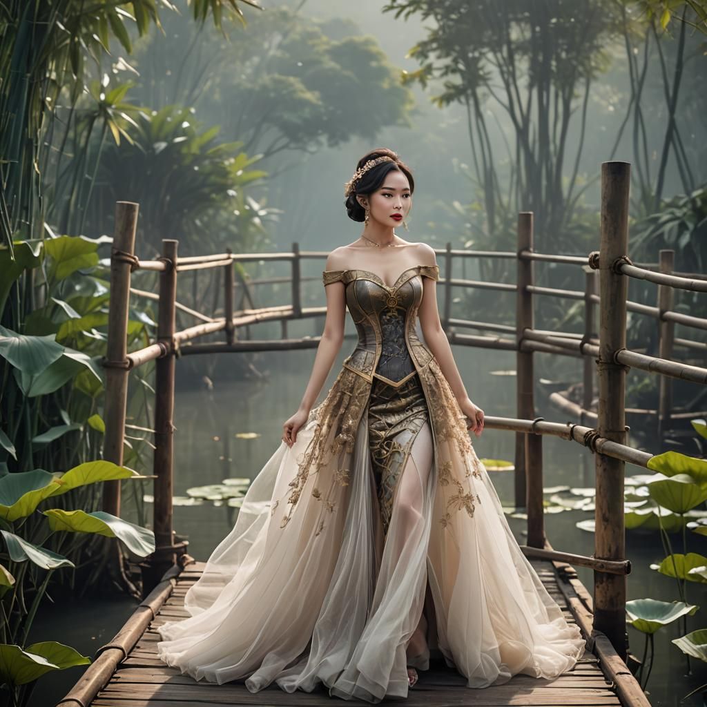 Enchanted Vietnamese Model on Bamboo Bridge