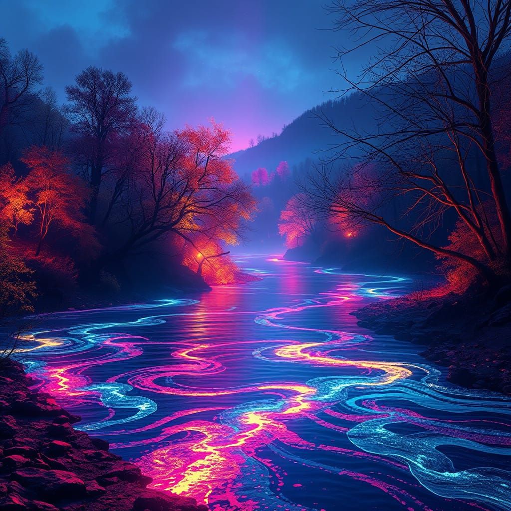 Vibrant Autumn River in a Neon Fantasy Realm