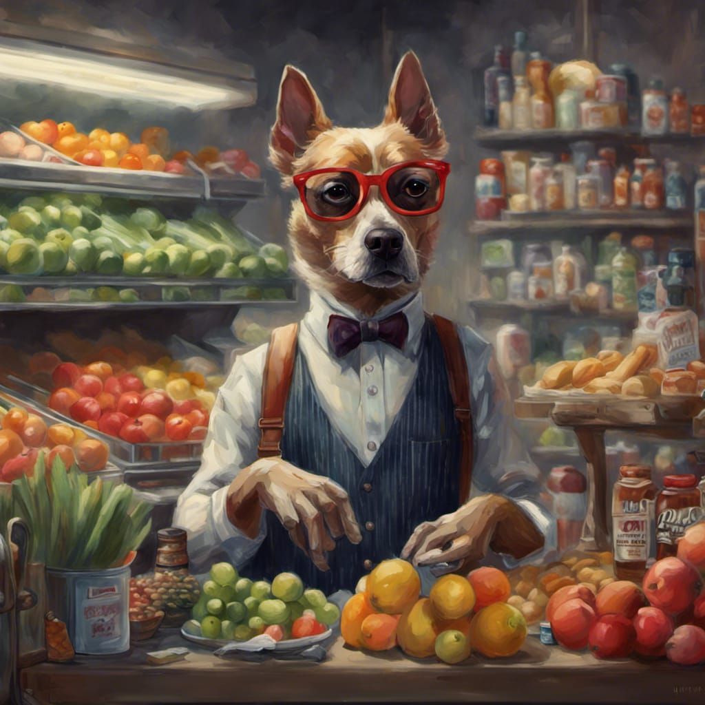 Hipster Dog Grocer: Ultra Detailed Digital Art