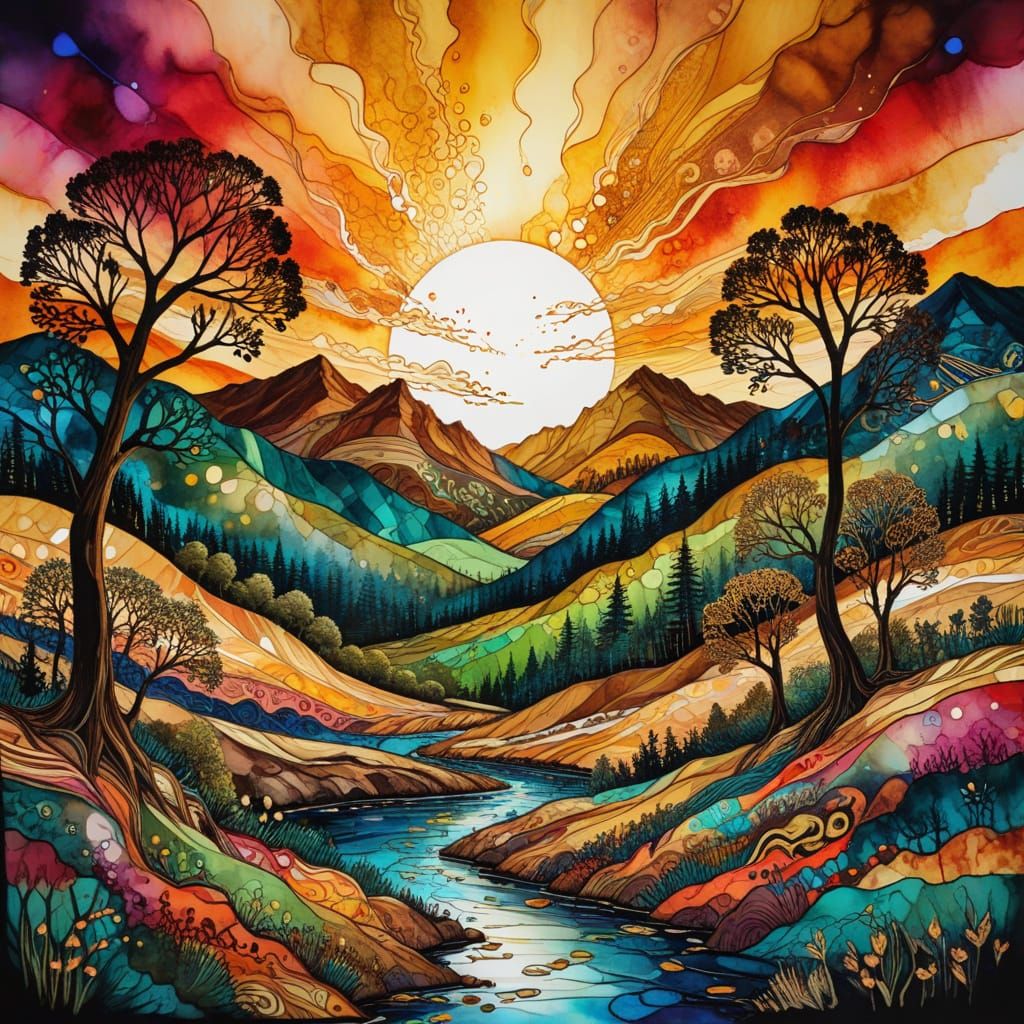 Alcohol-Ink Landscape with Zentangle and Golden Light