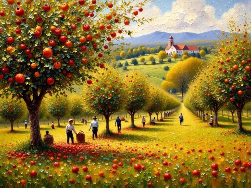 Autumn Apple Harvest in Pointillism Oil Painting Style