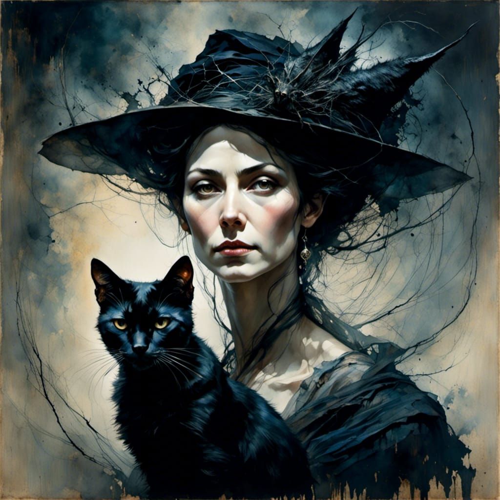 Witch with Black Cat Portrait