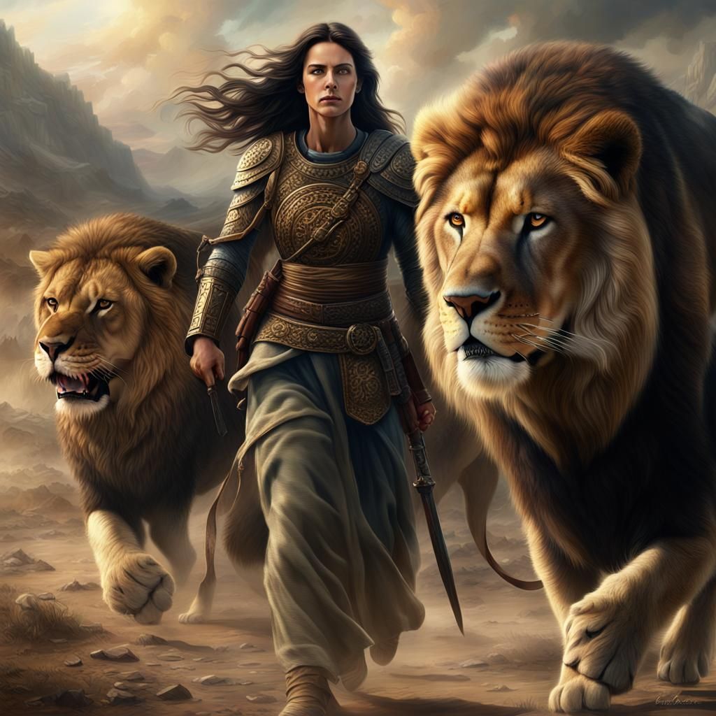 Warrior Woman and Lion of Judah: Epic Digital Art
