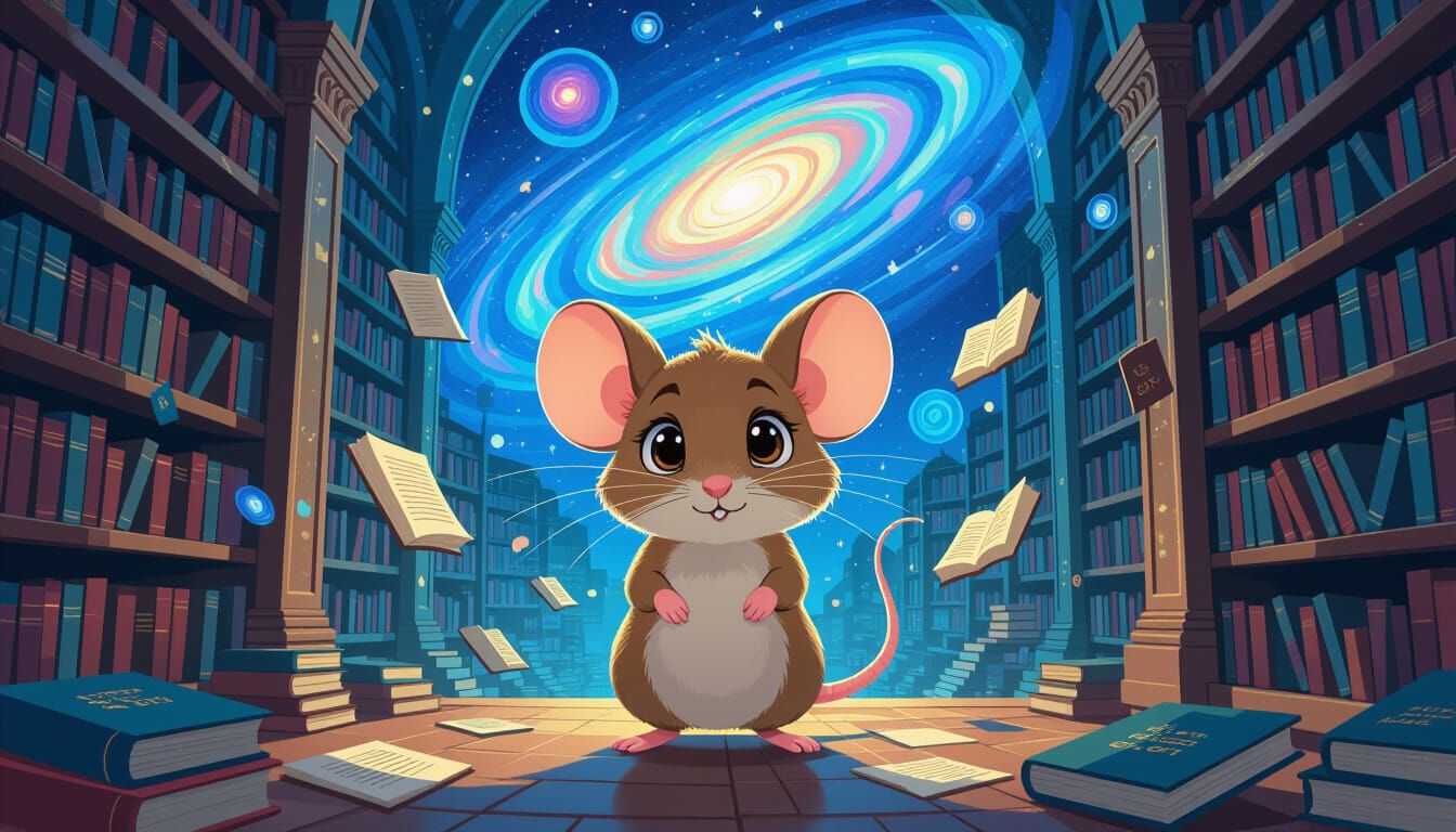 Mouse in Library of Floating Books, Miró Style