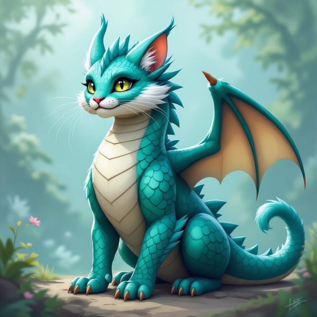 Majestic Teal Dragon with Feline Features