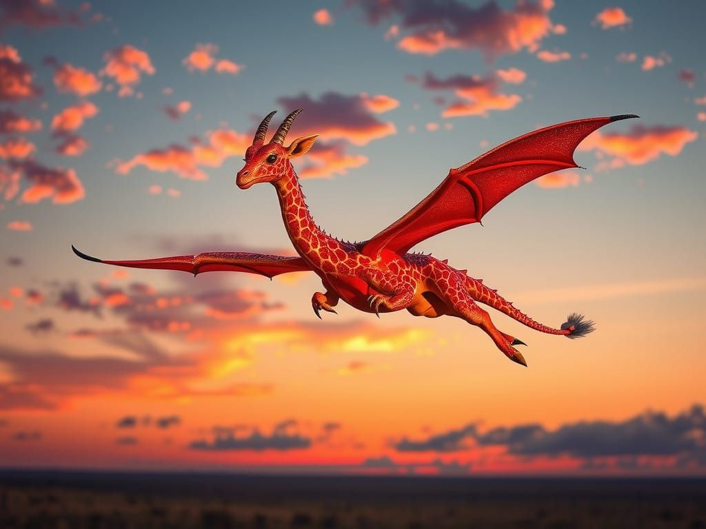 Sparkling Crimson Hybrid Giraffe Dragon in Twilight