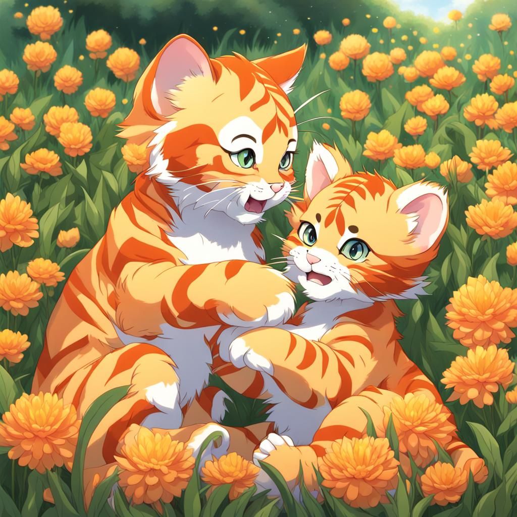 Kitten Grooms Tiger Cub in Anime Style