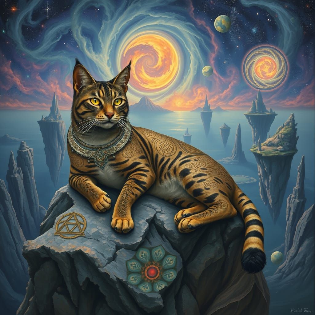 Saber-Toothed Cat in Surreal Cosmic Landscape