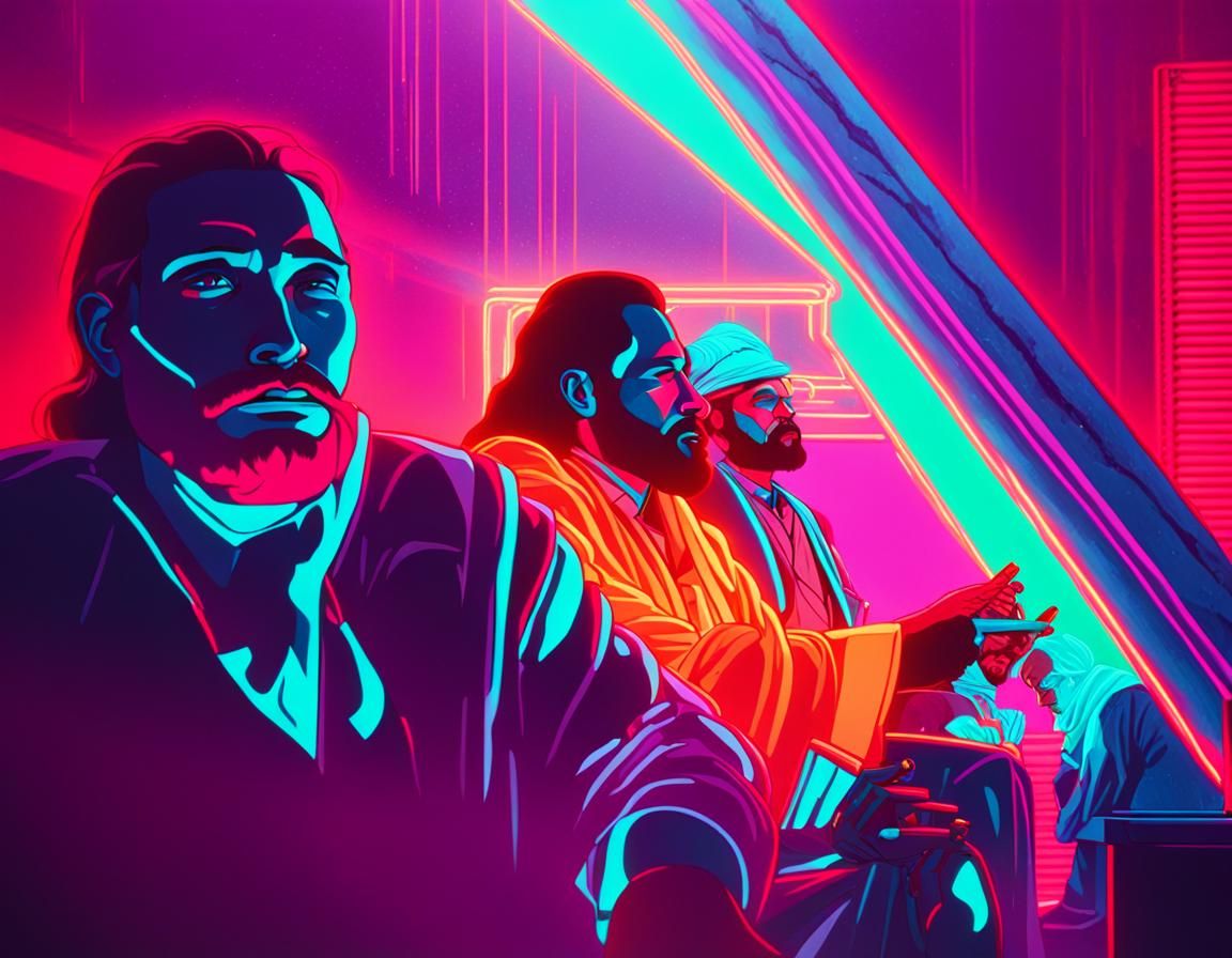 Jesus, Moses and Elisha Smoke in Neon Retro