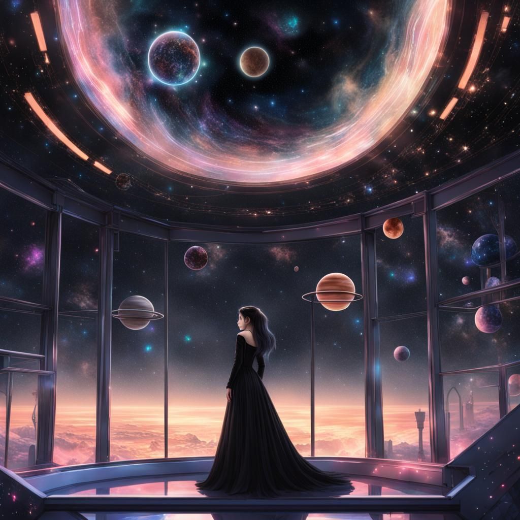 Gothic Asian Woman Gazing at Neon Stars