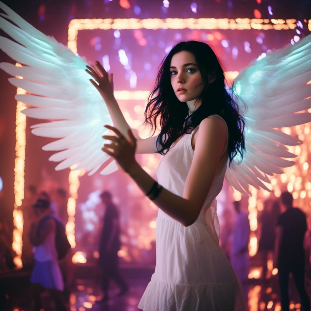 Woman with Angel Wings Dancing in Nightclub