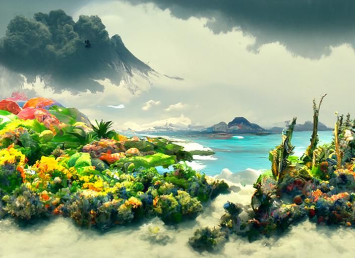 Tropical Island Painting in Maximalist Style