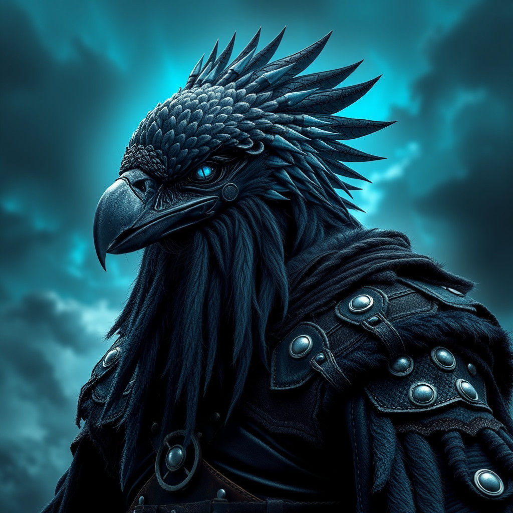 Viking-Raven Hybrid Warrior in Stormy Landscape