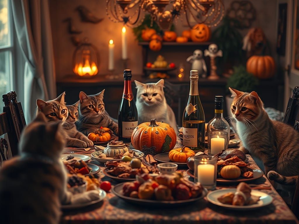 Feline Family Feast in Halloween Splendor