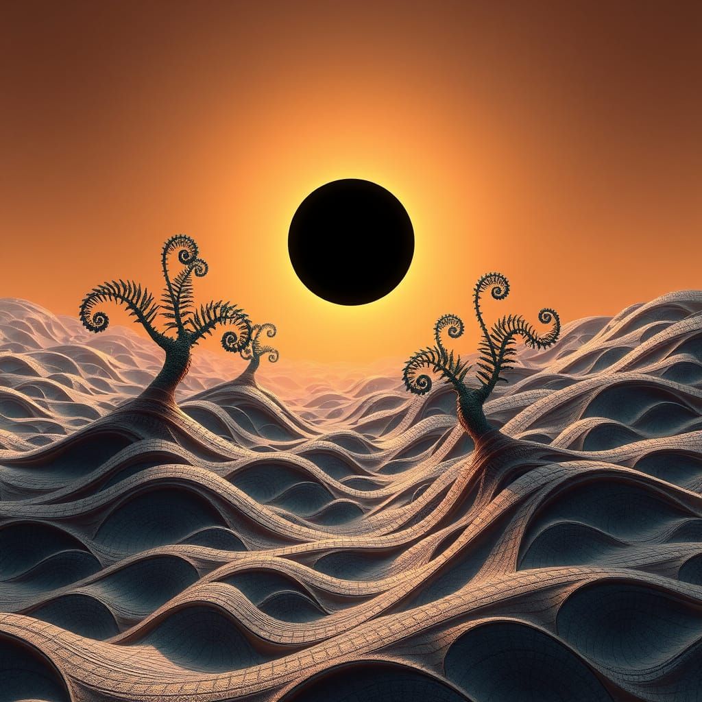 Fractal Dreamscape with Fibonacci Ferns and Mandelbrot Eclip...