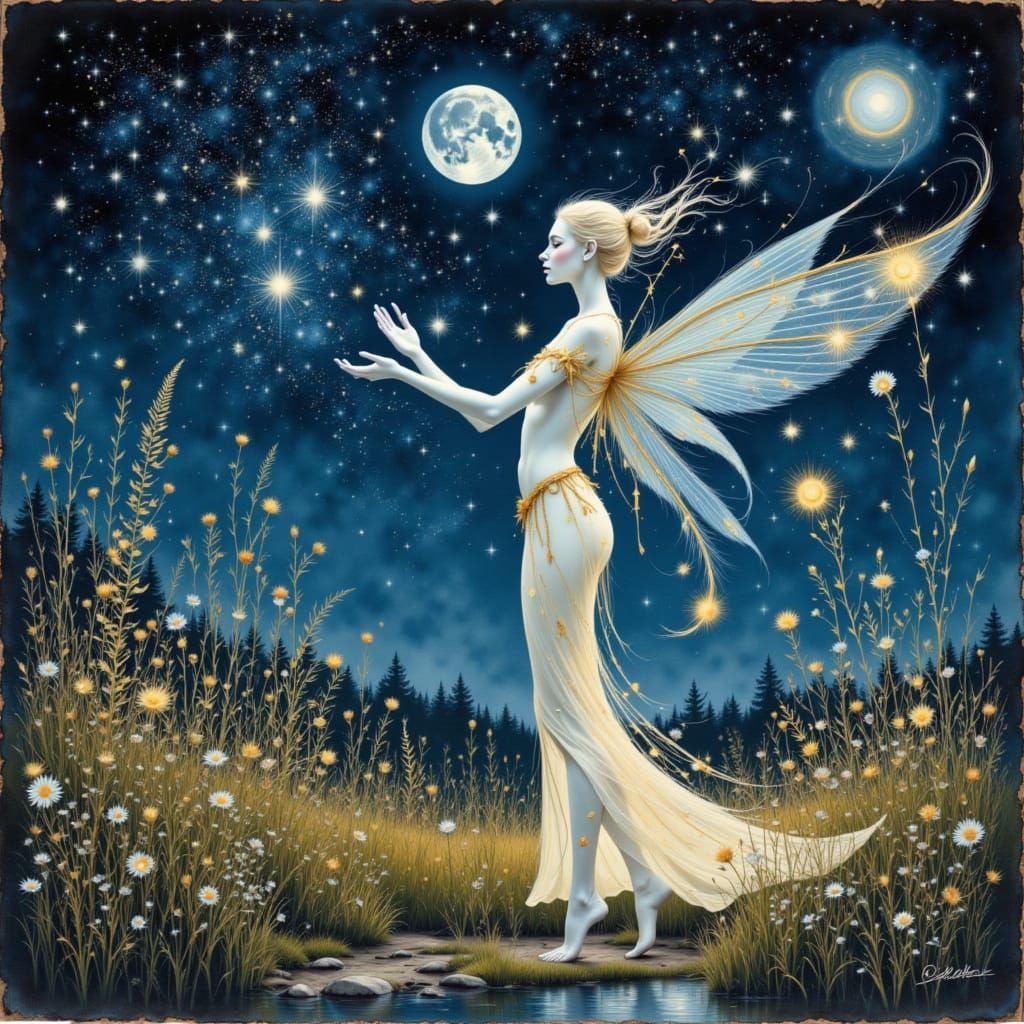 Magical Elf in Twilight Landscape with Two Moons