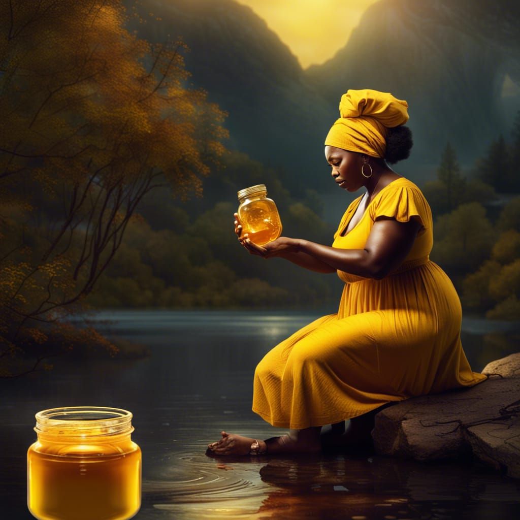 Black Woman with Honey Jar, Detailed Matte Painting
