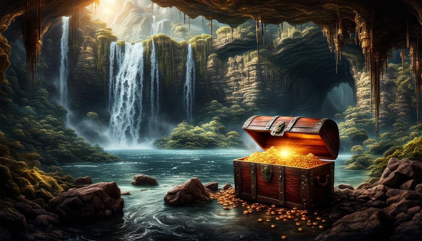 Hidden Treasure Cave Behind Waterfall: Epic Digital Painting