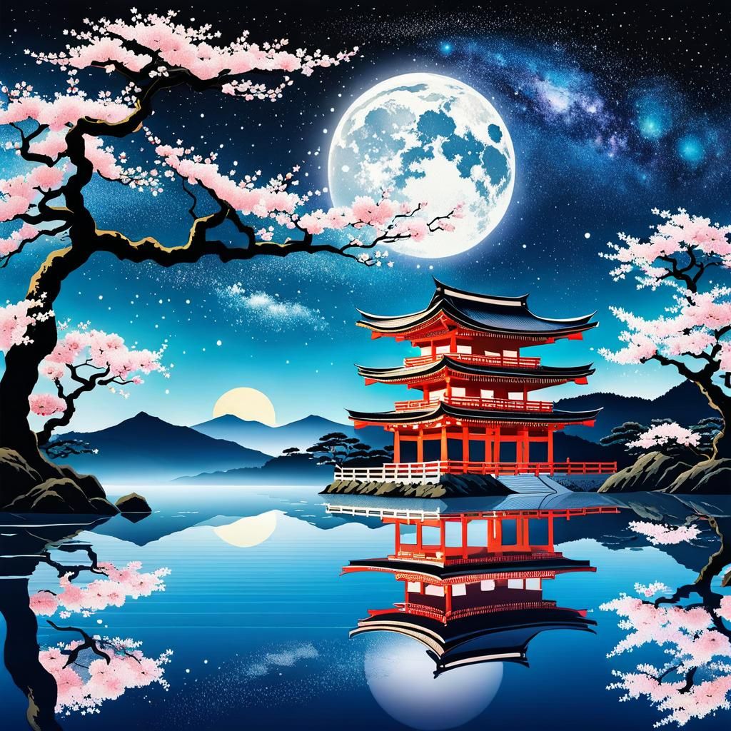 Ukiyo-e Dragon in Milky Way with Sakura