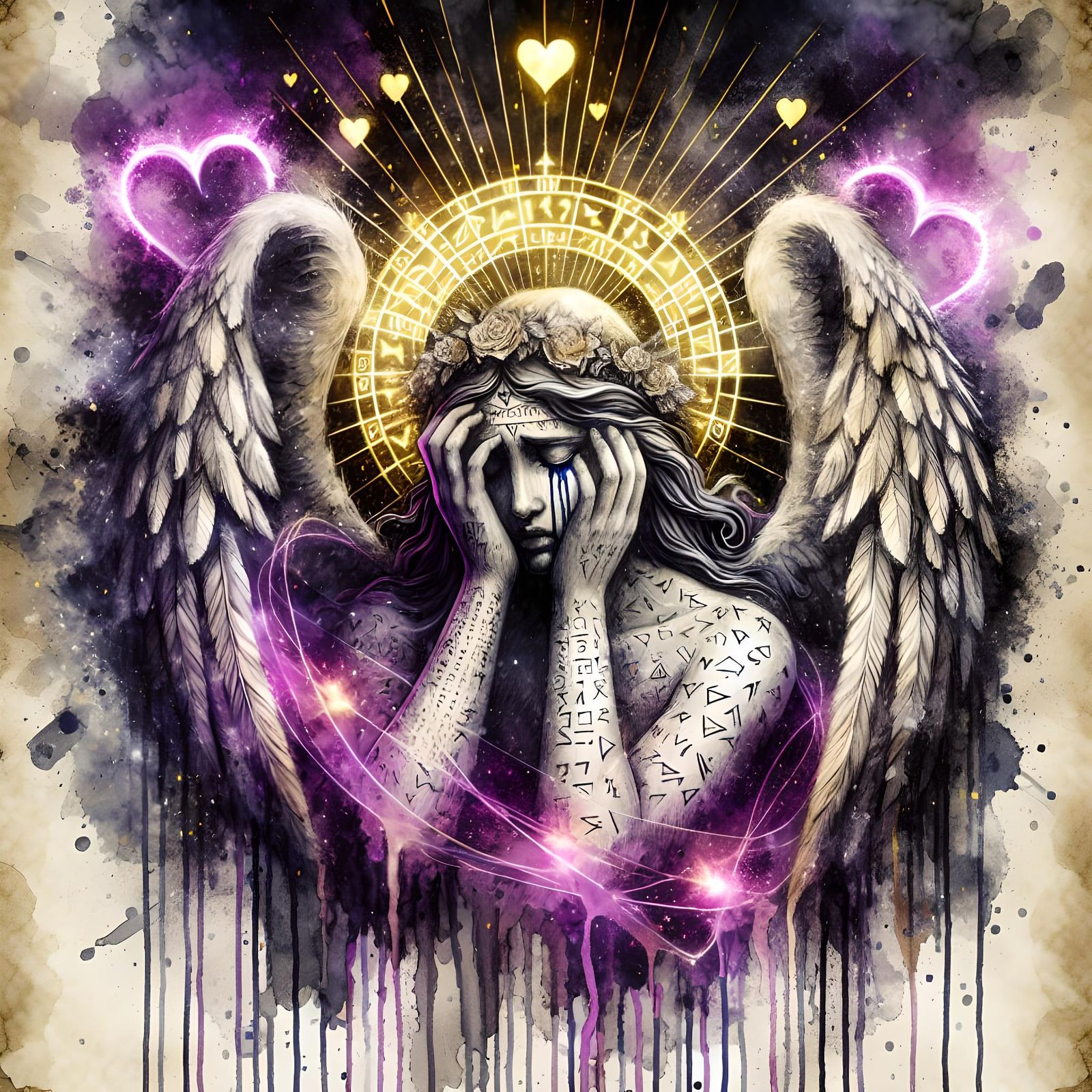 Weeping Mythological Angel Portrait in Watercolor