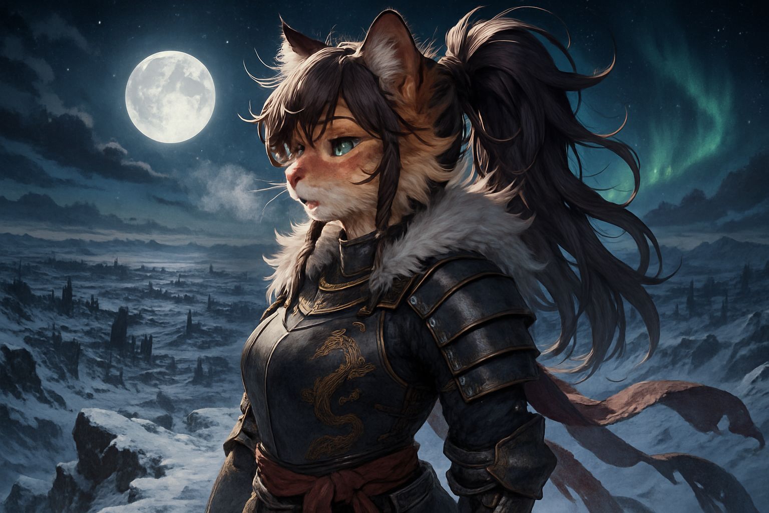Anime Cat Warrior in Apocalyptic Winter Landscape