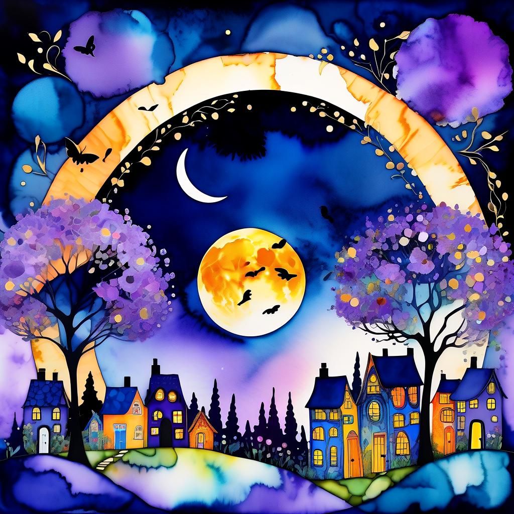 Fairytale Collage: Lavender Trees Under Marmalade Moon