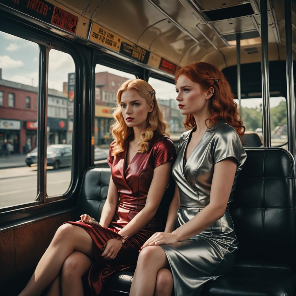 Two Stylish Women on a Bus: Cinematic Film Still