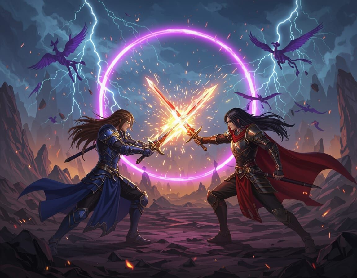 Epic Fantasy Battle: Warriors Clash in Anime Style