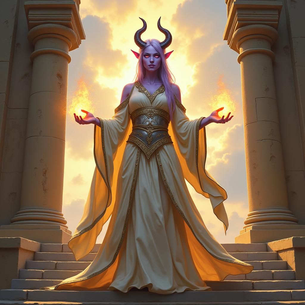 Tiefling Cleric Casts Light Spell in Fantasy Temple