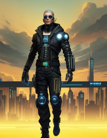 Cyberpunk Man in Hyper-Detailed Urban Scene