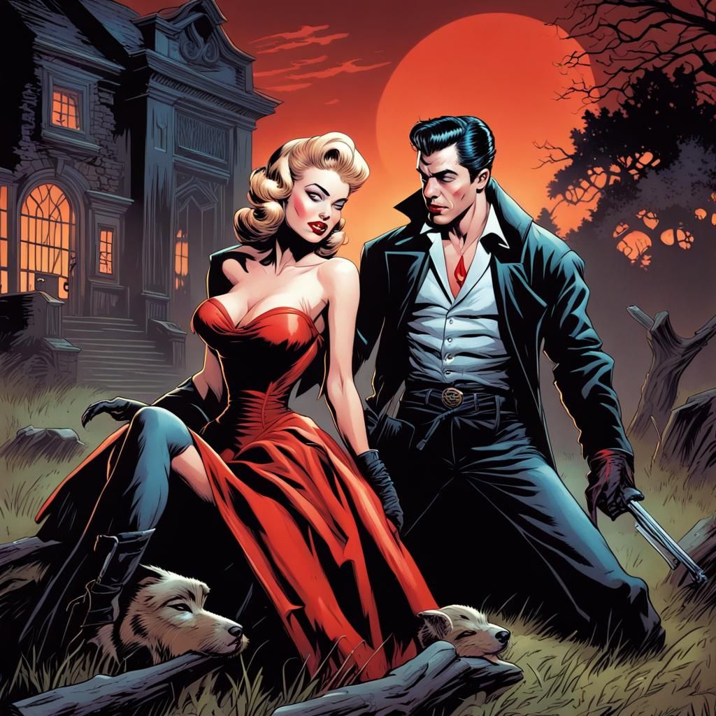 Vampire Pinup Romance in Comic Book Art Style