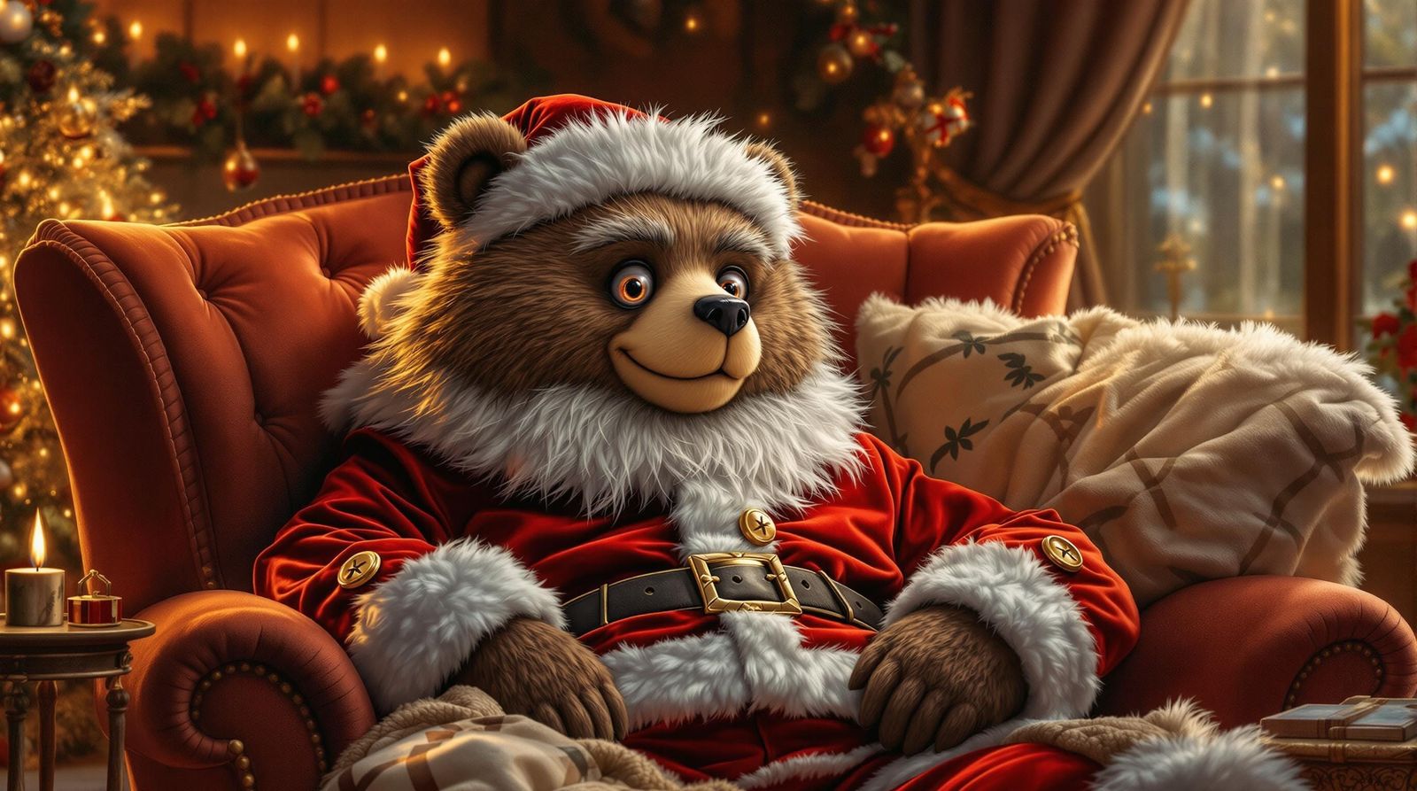 Whimsical Bear Santa in Cozy Bedroom