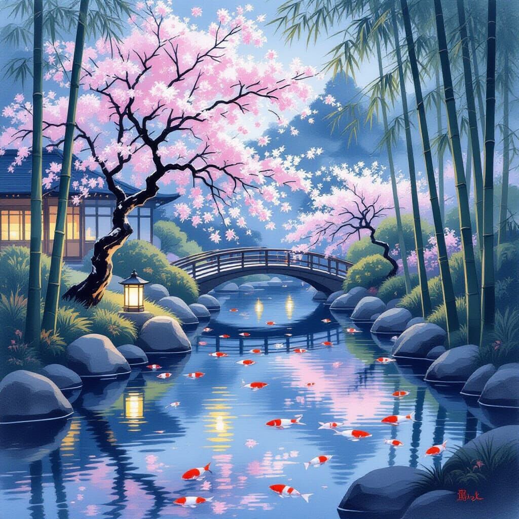 Twilight Japanese Garden with Blossoms and Lanterns