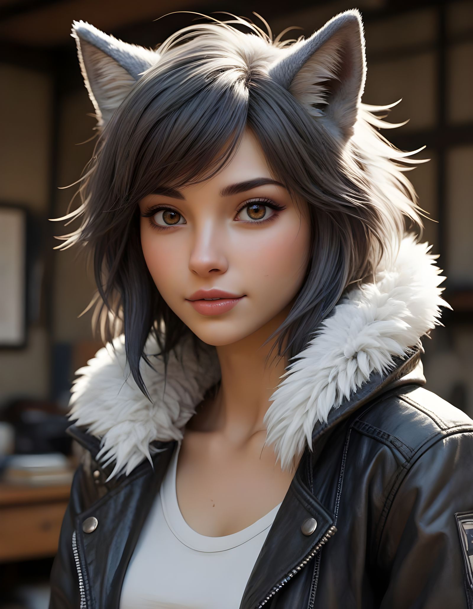 Seductive Anthro Wolf Woman in Urban Den