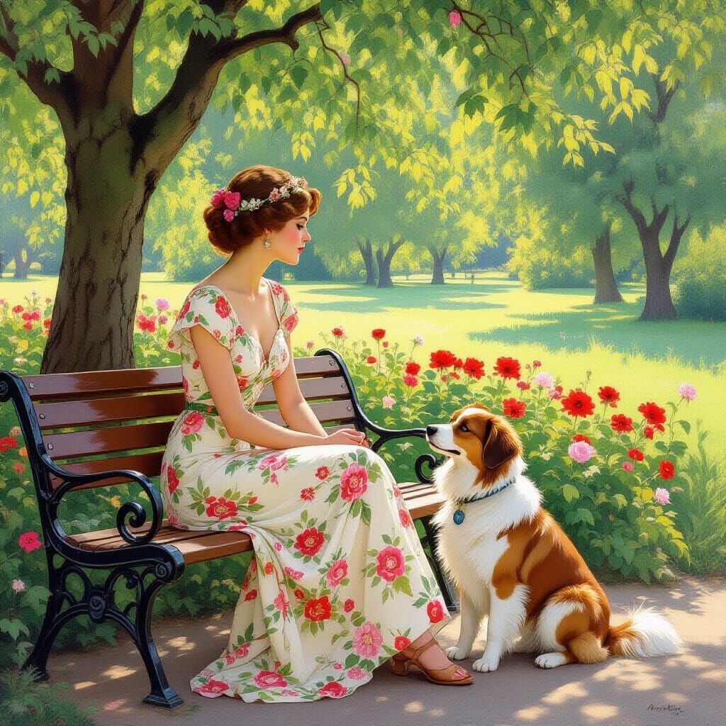 Woman Daydreaming in Park with Dog, Art Nouveau Style
