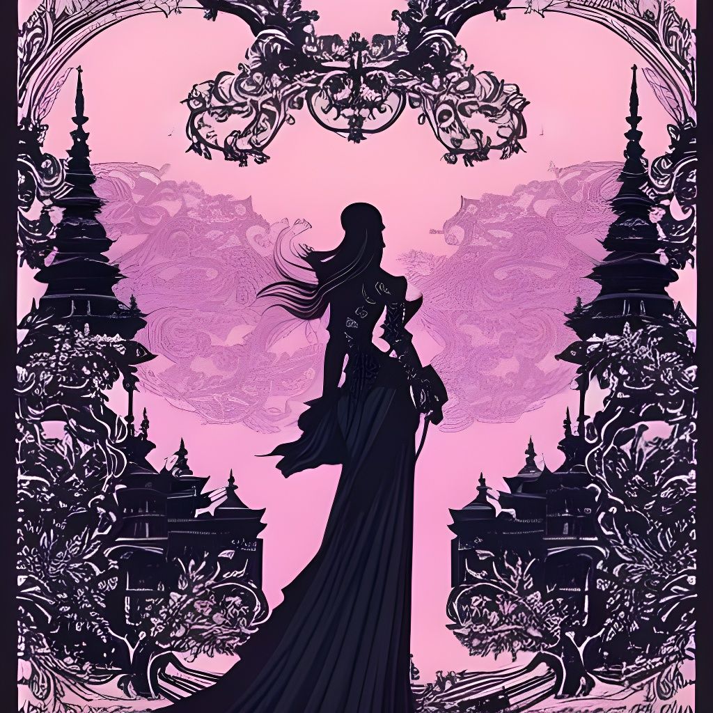 Steampunk Blimp Sunset with Gothic Girl, Art Nouveau Style