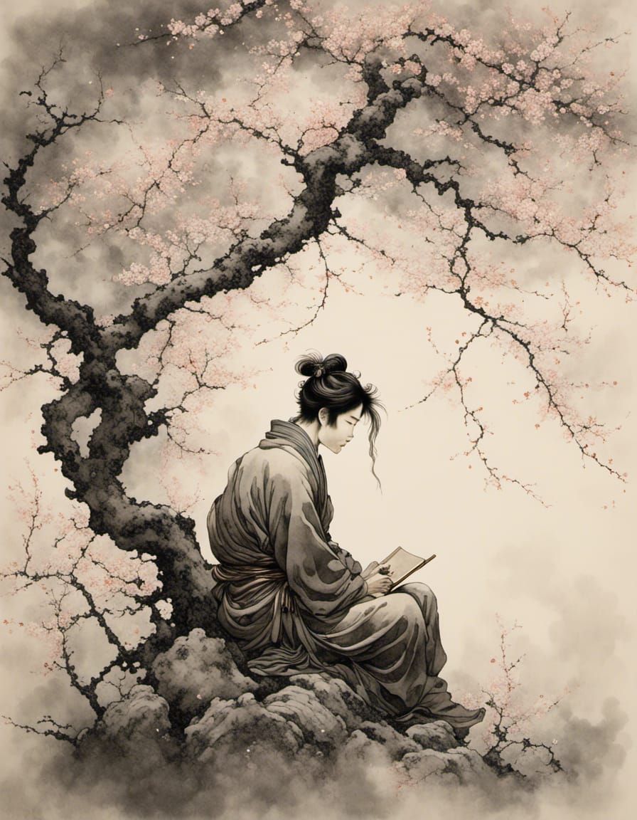 Meditating Man Under Plum Tree in Sumi-e Style