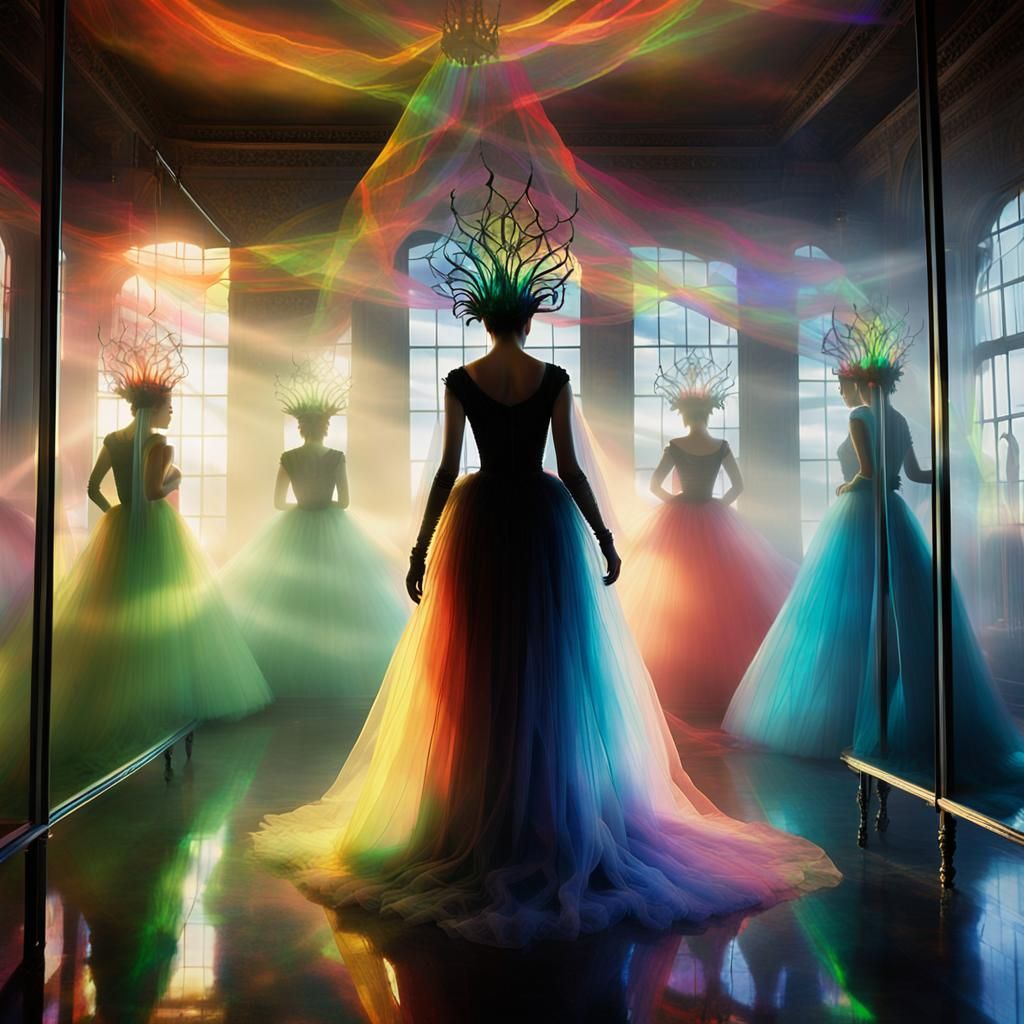 Surreal Female Figure in Glass Room, Oil Painting