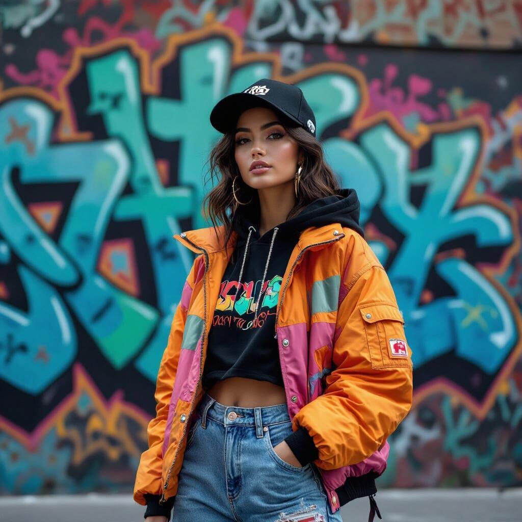 Girl Posing Before Neon Graffiti Mural in Lo-Fi Style