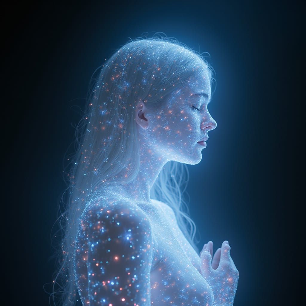 Iridescent Bioluminescent Woman Dancing in Laser Light