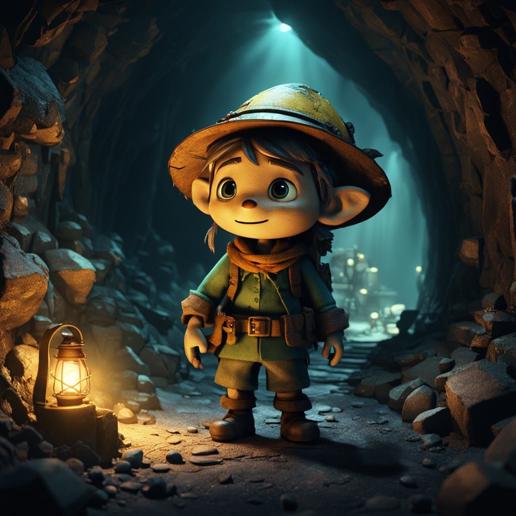 Coblynau Fairy in Dimly Lit Mine, Pixar Style