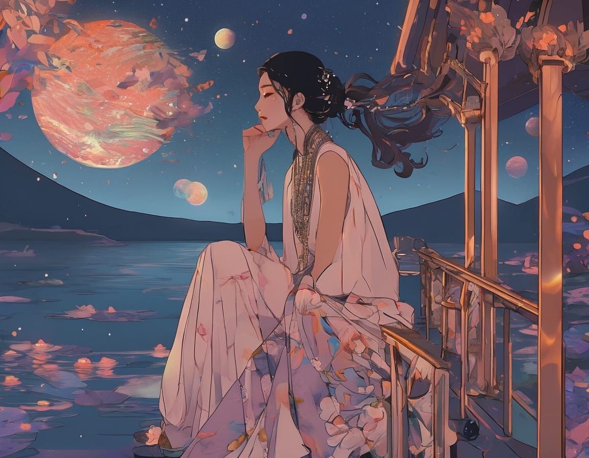 Serene Fish-Woman Gazing at Cosmic Nebula