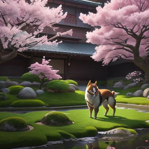 Akita Samurai in Japanese Garden, 3D Anime Art